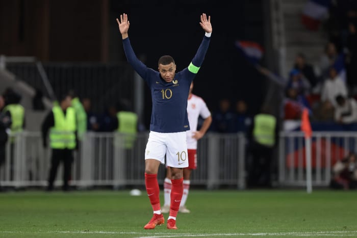 Kylian Mbappe pictured celebrating after scoring the 300th goal of his senior career in France's 14-0 win over Gibraltar in November 2023
